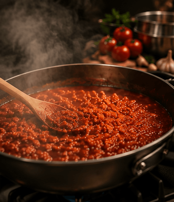 Slow-cooked sauce being stirred in a professional kitchen